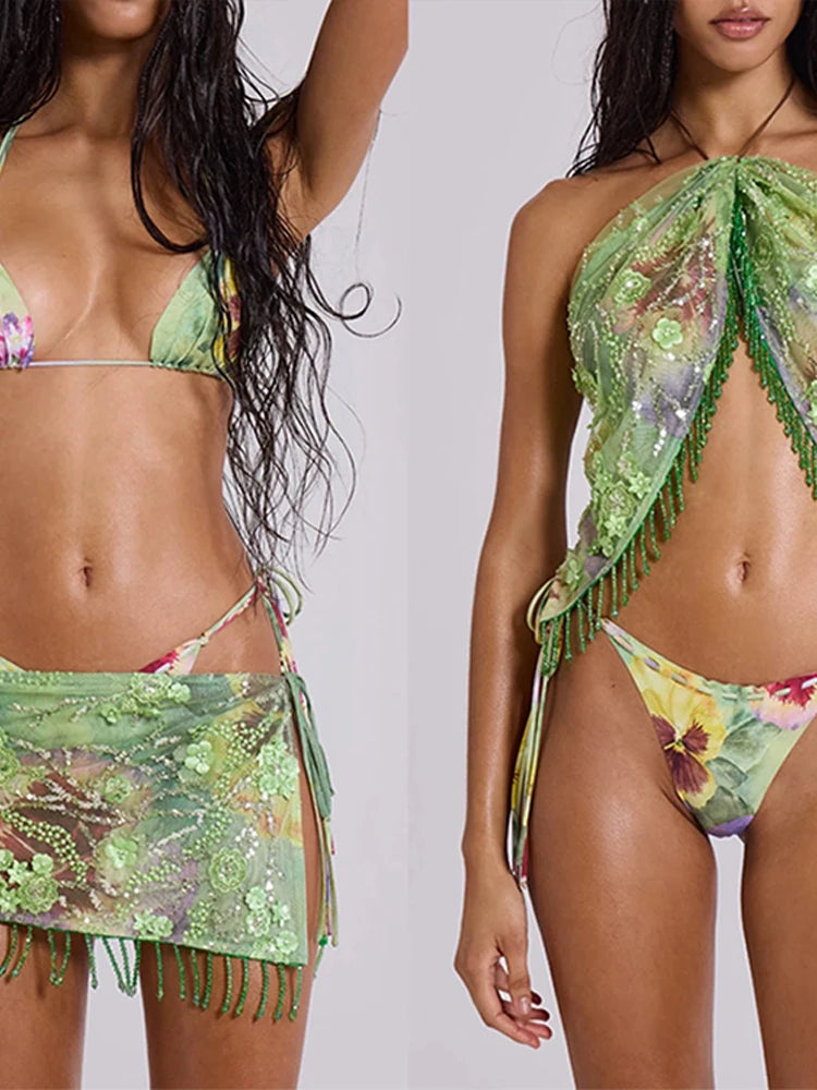 3 Piece: Sexy Printed Lace Up Tassel Biniki